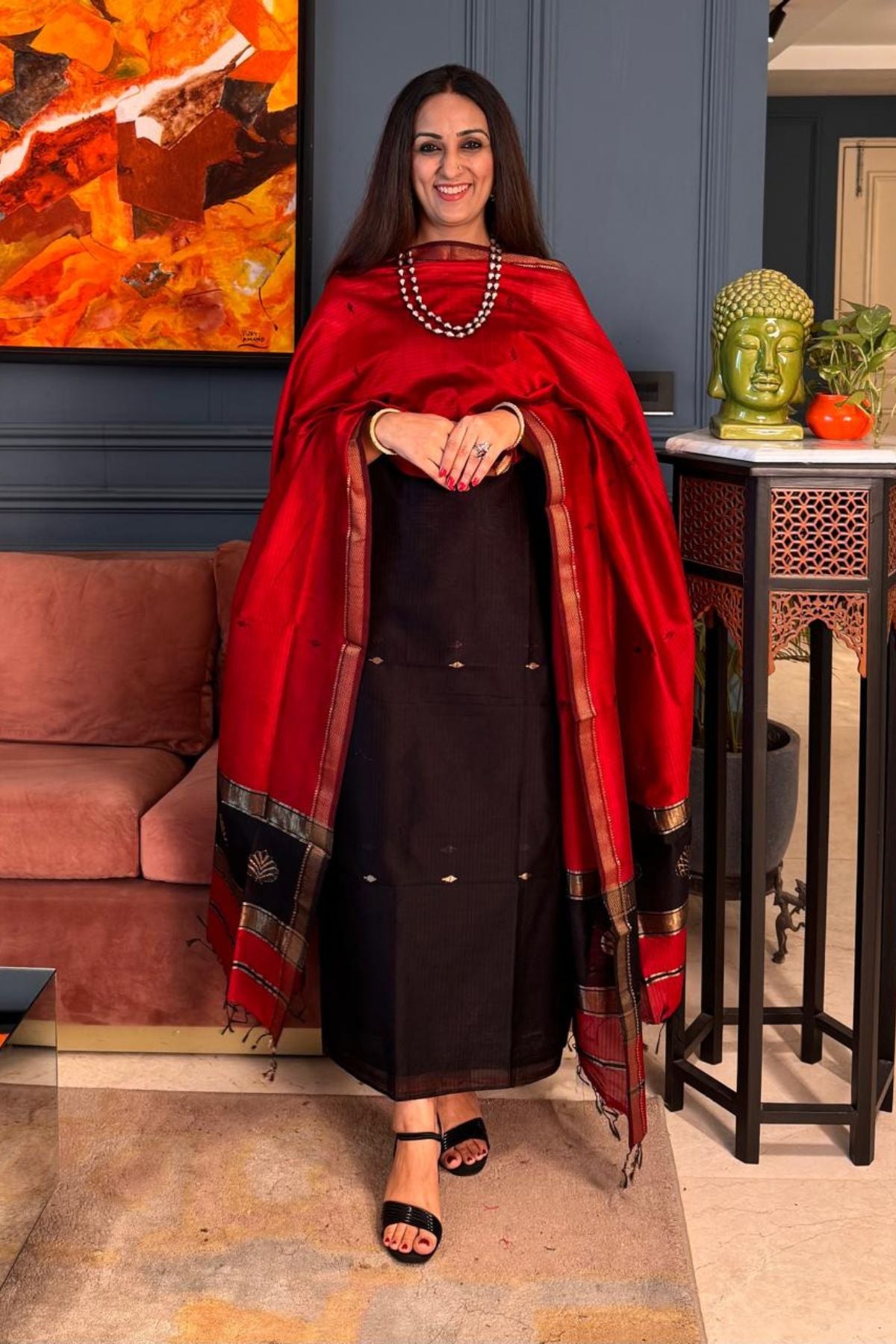Handwoven Maheshwari silk kurta dupatta set